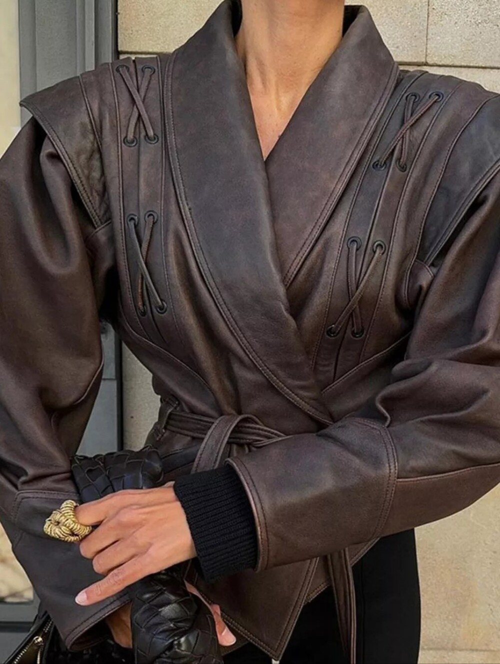Belted Leather Jacket with Shawl Collar
